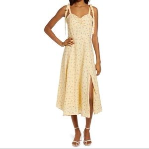 Bardot tie shoulder midi skater dress with floral print in yellow size 6